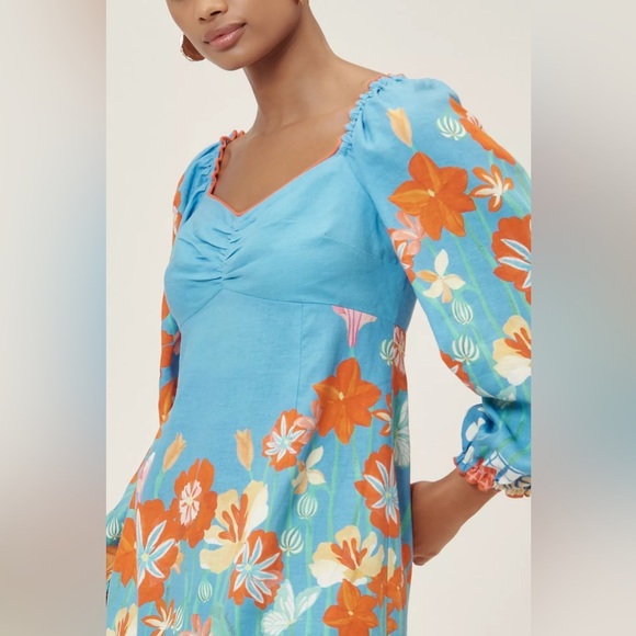 Farm Rio x Anthropologie Blue Floral Linen Blend Long Sleeve Mini Dress - Picture 4 of 14